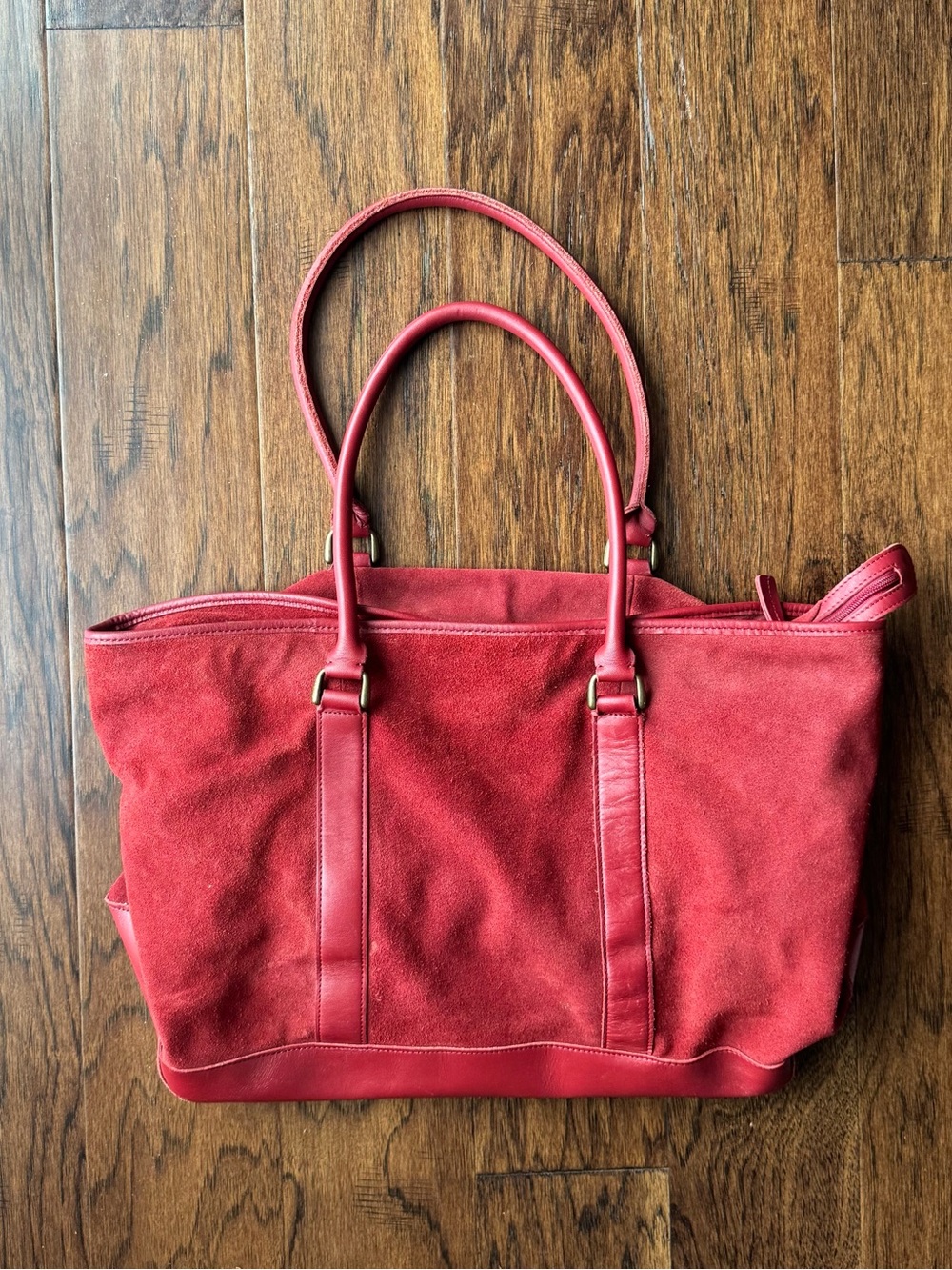 L.L. Bean Red Suede Tote with Leather Trim